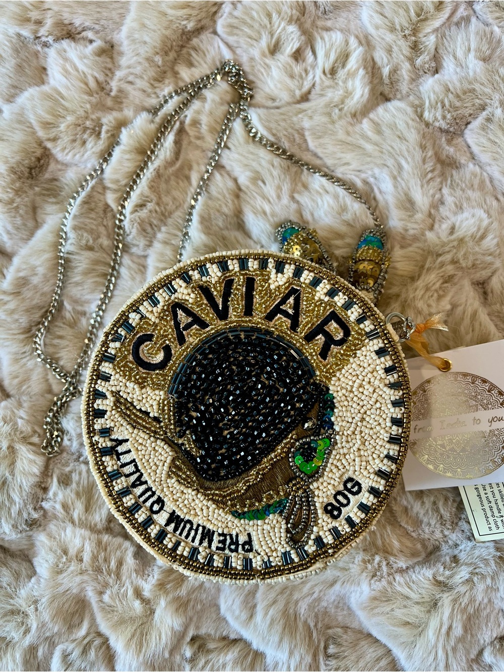 Beaded 'Caviar' Round Crossbody Bag - Gold, Black & Cream
